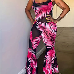 Floral Print Round Neck Flared Leg Jumpsuit