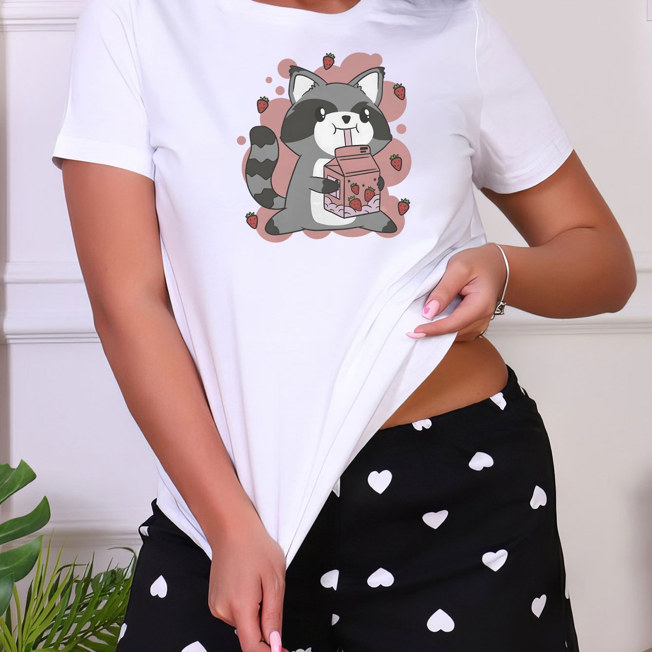 Cartoon Print Sleep Top Short Sleeve Crew Neck Women's Loungewear