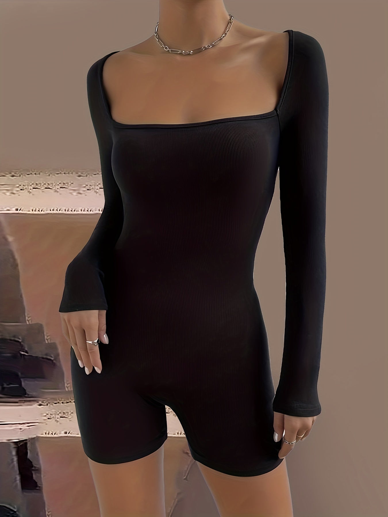 Solid Squared Neck Romper Casual Long Sleeve Bodycon Romper Women's Clothing