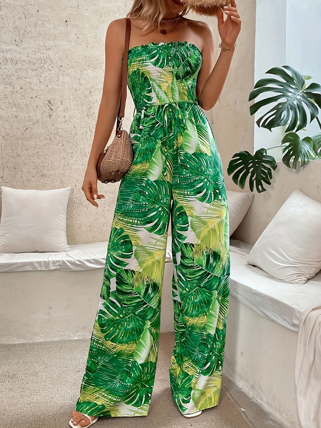 Tropical Print Strapless Jumpsuit for Women
