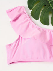One Shoulder Ruffle Trim Bikini Set