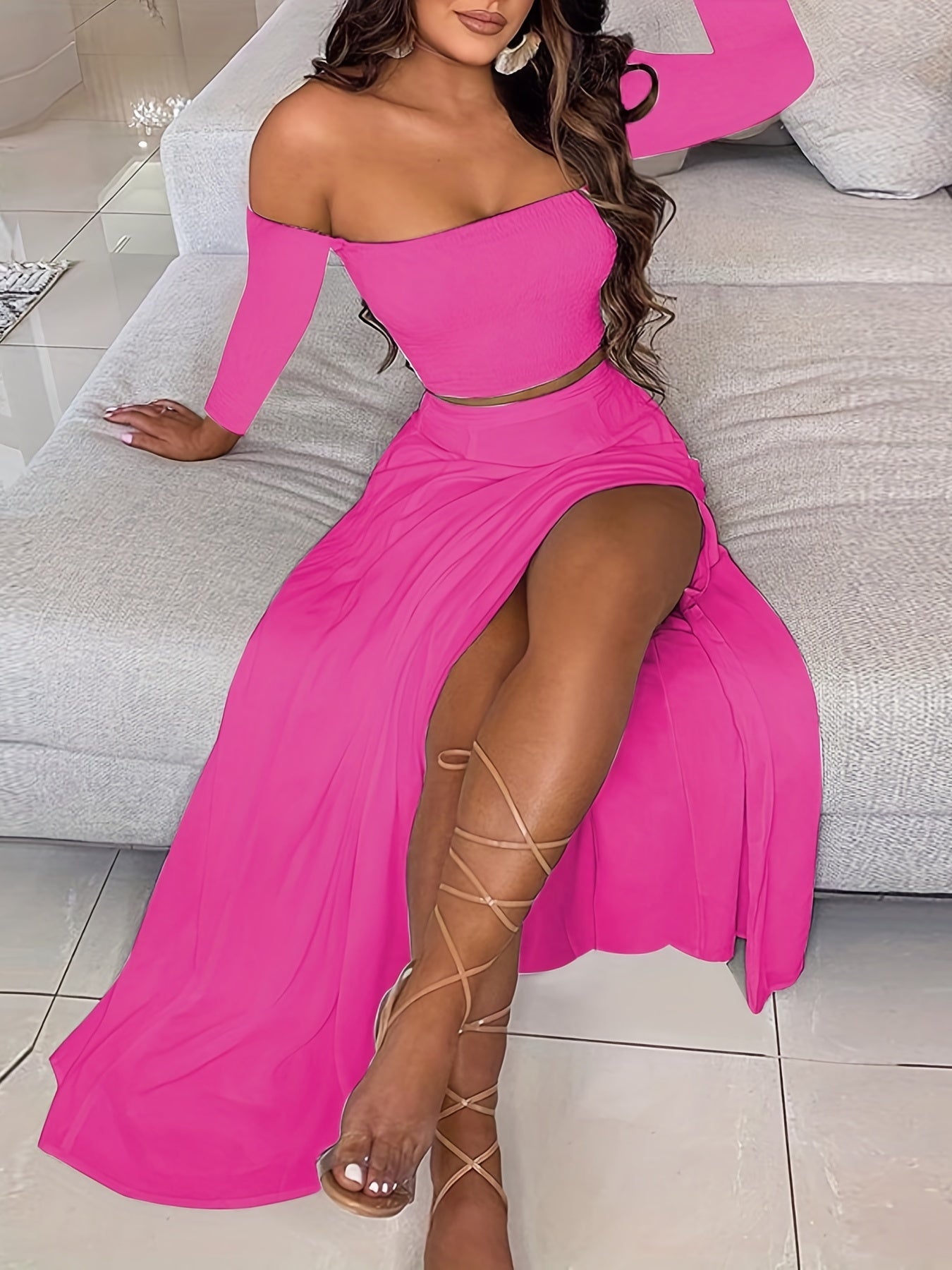Boho Two piece Skirt Set Off Shoulder Crop Top & Midi Skirt Outfit