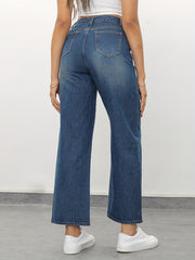 High Rise Loose Fit Jeans Button Fly Whiskering Washed Denim Pants