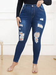 Solid Ripped Button Fly High Rise Skinny Jeans