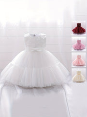 Baby Girls Floral Decor Bowknot Sleeveless Mesh Gown Princess Dress