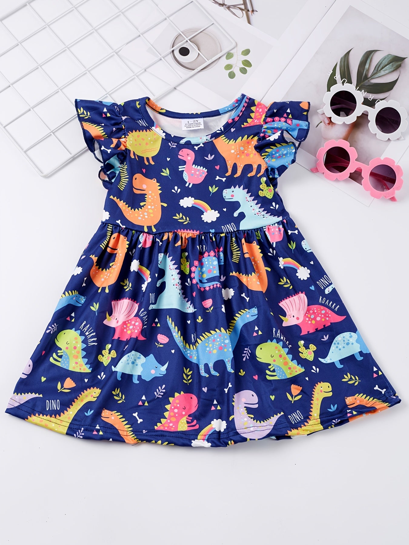 Girls Dinosaur Print Princess Dress Summer Clothes