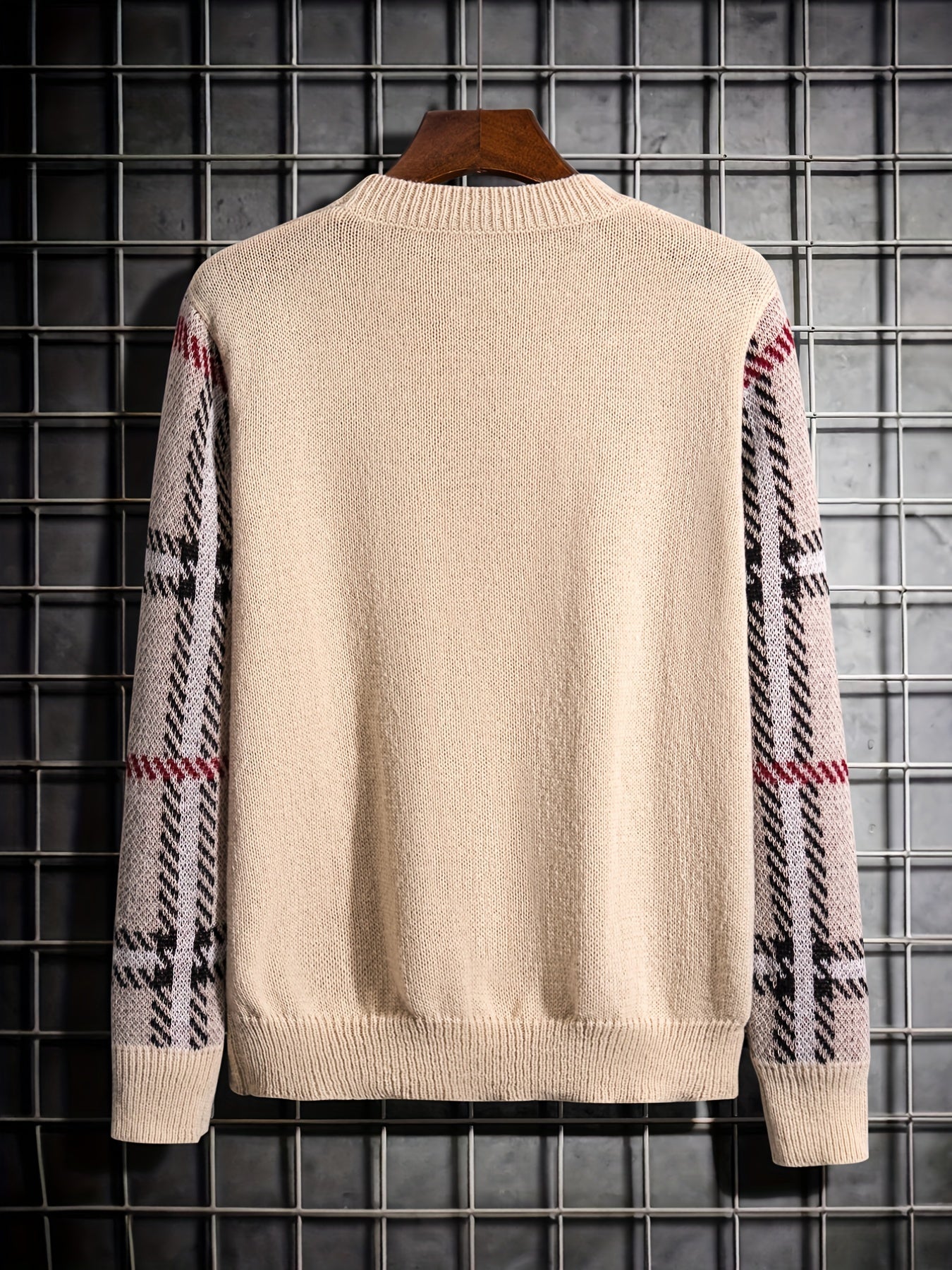 Men's Crew Neck Knitted Sweater - Block Plaid Sleeves - Fall/Winter