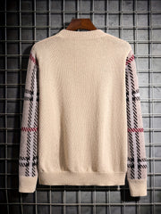 Men's Crew Neck Knitted Sweater - Block Plaid Sleeves - Fall/Winter