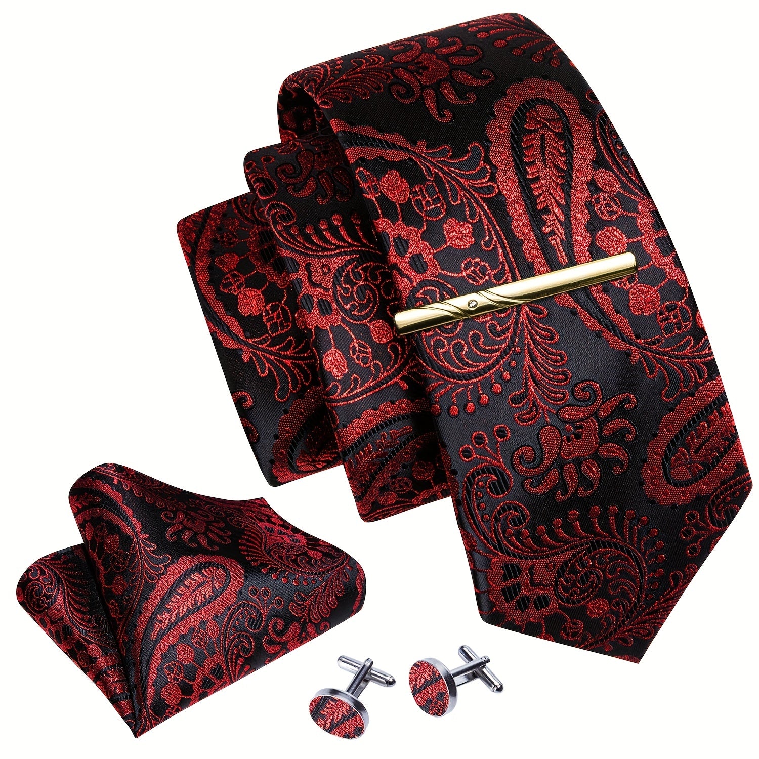 Barry Wang Red&Black Woven Silk Floral Paisley Tie Set