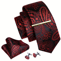 Barry Wang Red&Black Woven Silk Floral Paisley Tie Set
