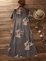 Floral Print V-Neck Dress Button Detail Short Sleeve Plus Size