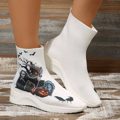 Women's Ghost & Pumpkin High Top Sock Shoes Halloween Ankle Boots