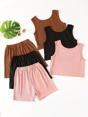 3 Sets Girls Ribbed Knit Tank Top & Shorts Summer Clothes