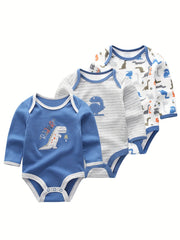 3Pcs Cartoon Long-sleeved Baby Bodysuits Cotton 0-12M Jumpsuits