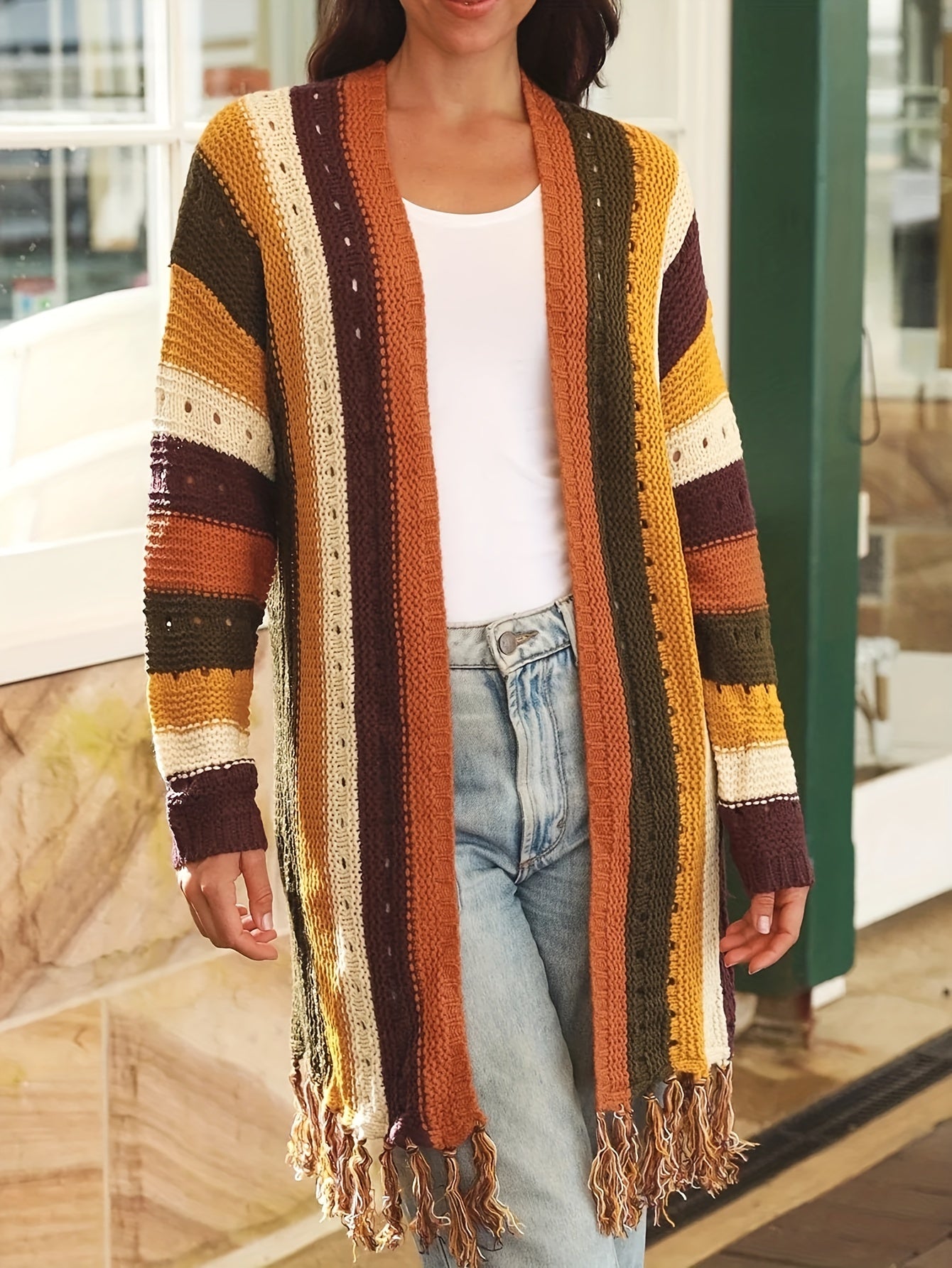Colorblock Pointelle Tassel Trim Cardigan