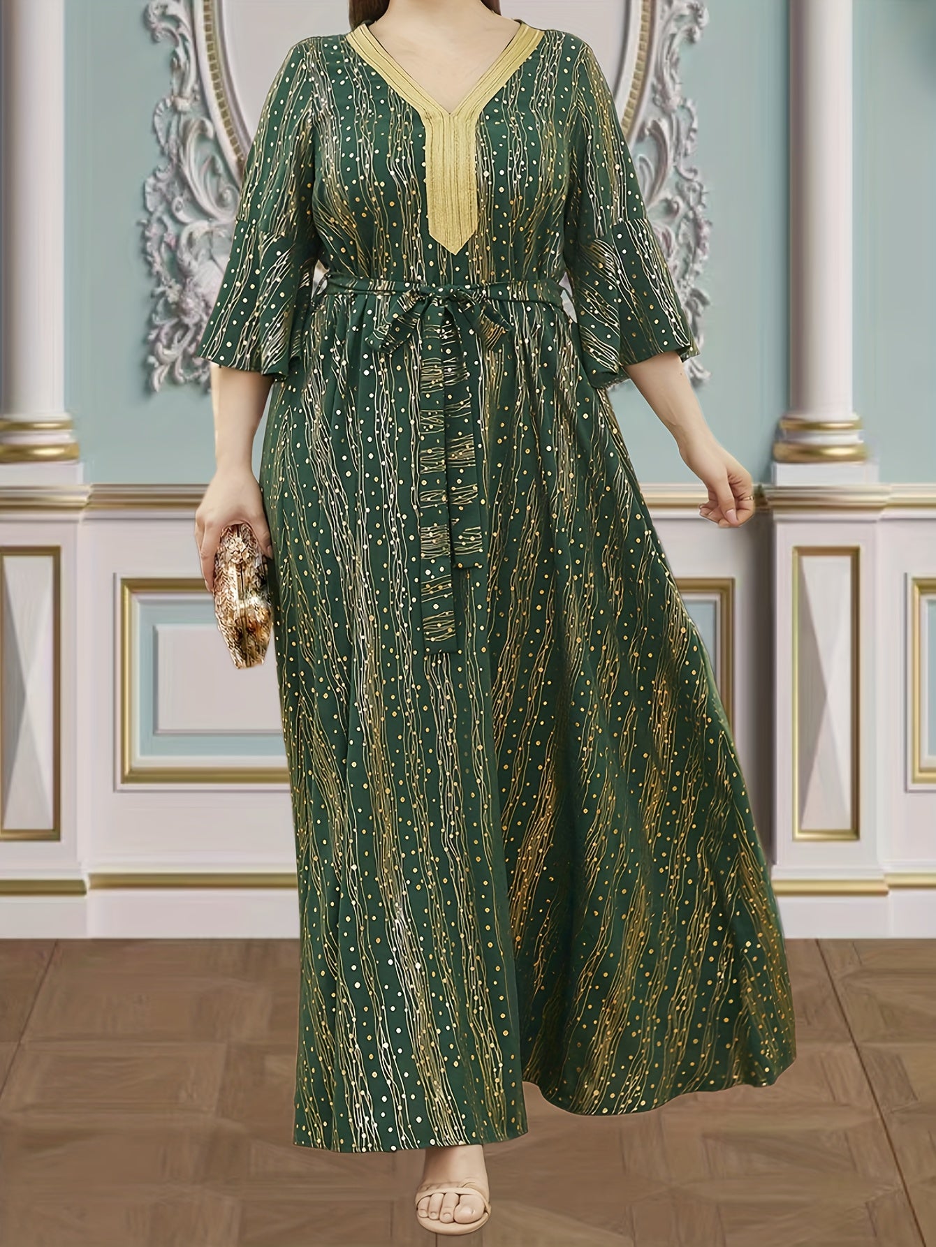 Kaftan Dress Women's Plus Dot & Stripe Print Lace Panel Maxi Kaftan