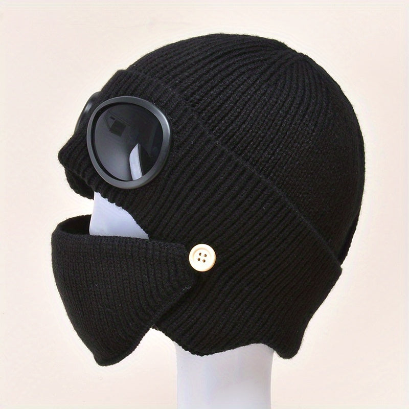 Fashionable Ear Protection Windproof Knit Beanie Hat With Glasses