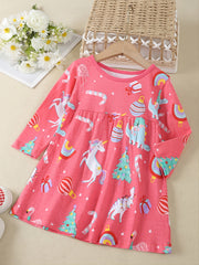Girls Unicorn Christmas Tree Print Cotton Dress