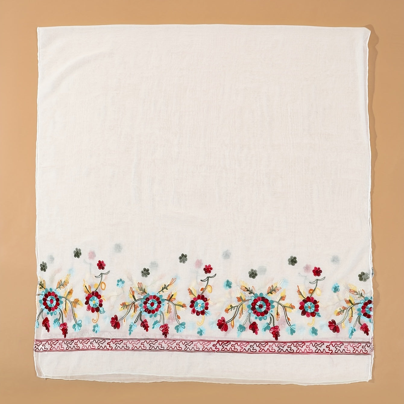 Red Flower Embroidery Scarf Hijab Shawl Head Wraps Bandana Women