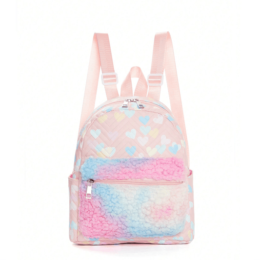 Girls Heart Pattern Plush Decor Backpack Large Capacity Pink Backpack