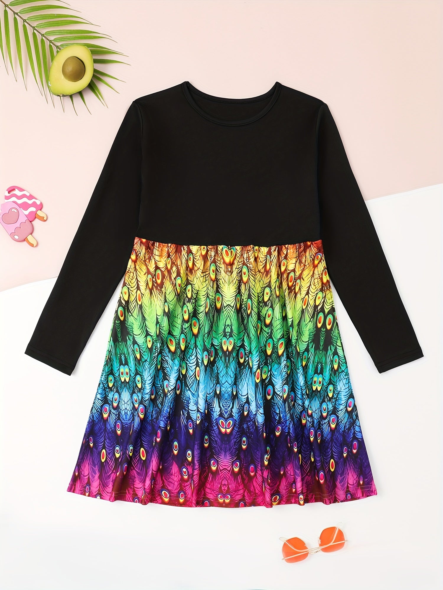 Rainbow Butterfly Long Sleeve Dress Girls Crew Neck Spring Fall