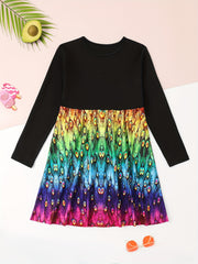 Rainbow Butterfly Long Sleeve Dress Girls Crew Neck Spring Fall