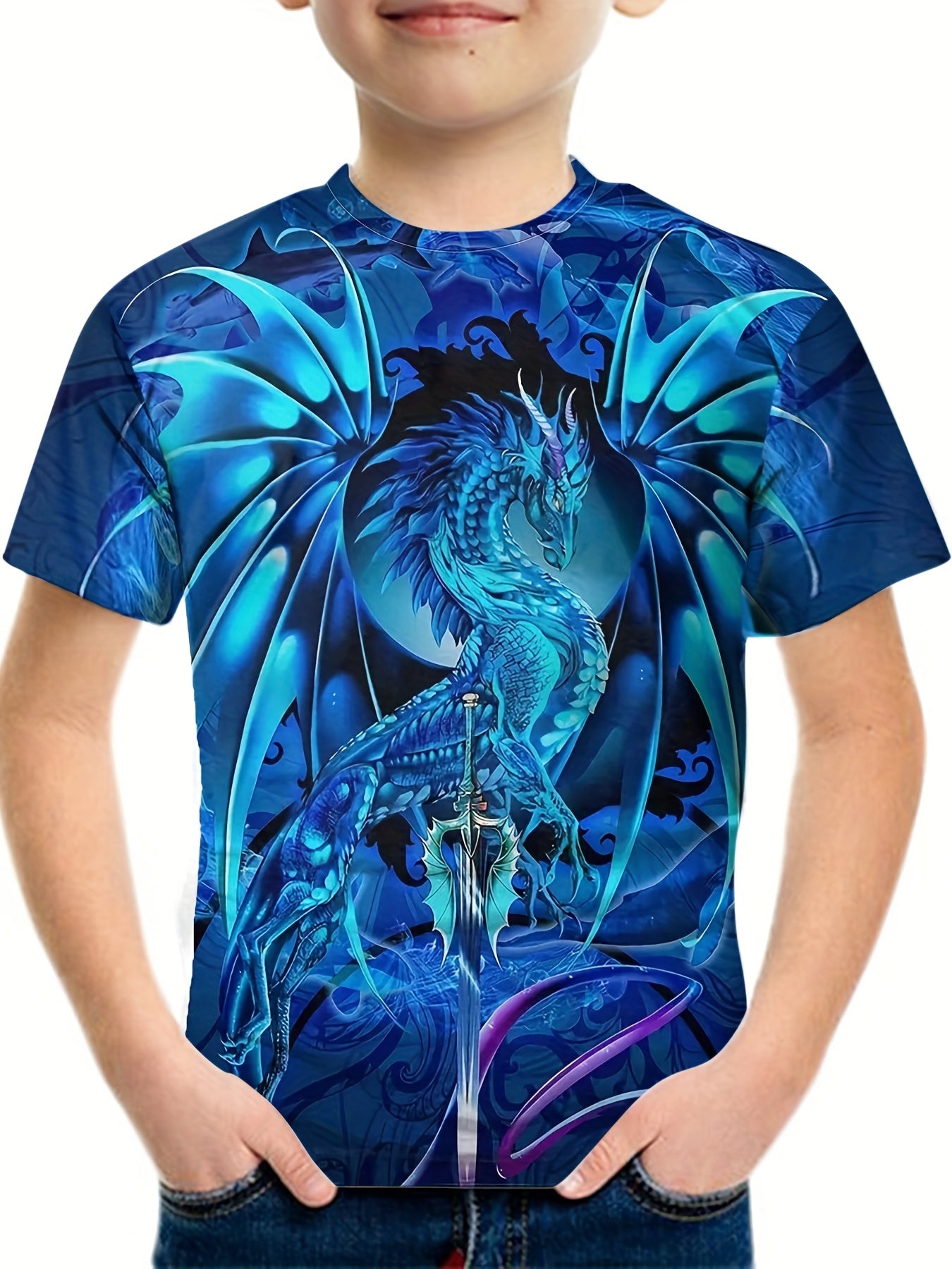 Dragon & Sword Graphic Tee Kids Summer Short Sleeve T-shirt