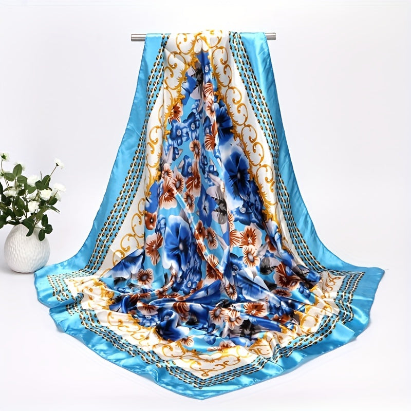 Vintage Satin Flower Print Square Scarf Large Shawl