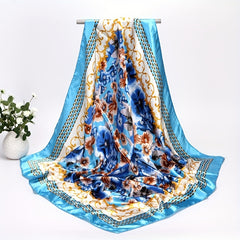 Vintage Satin Flower Print Square Scarf Large Shawl