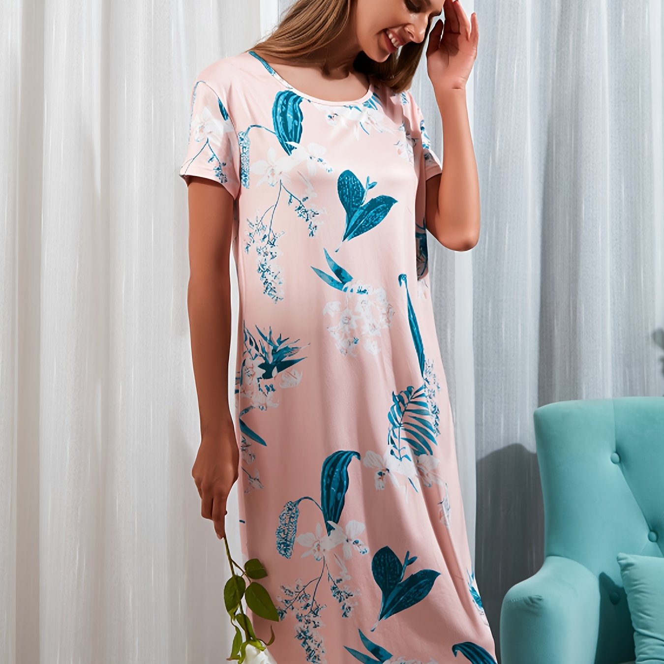 Floral Print Lounge Dress Crew Neck Short Sleeve Women's Home Dress