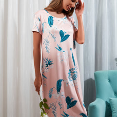 Floral Print Lounge Dress Crew Neck Short Sleeve Women's Home Dress