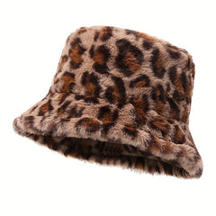 Leopard Print Plush Bucket Hat for Women