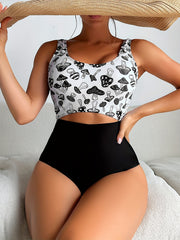 Mushroom Print Scoop Neck One Piece Swimsuit