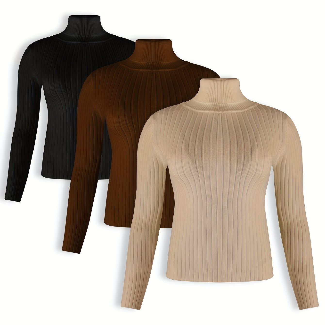 3 Pack Plus Size Ribbed Sweater Set High Neck Jumper