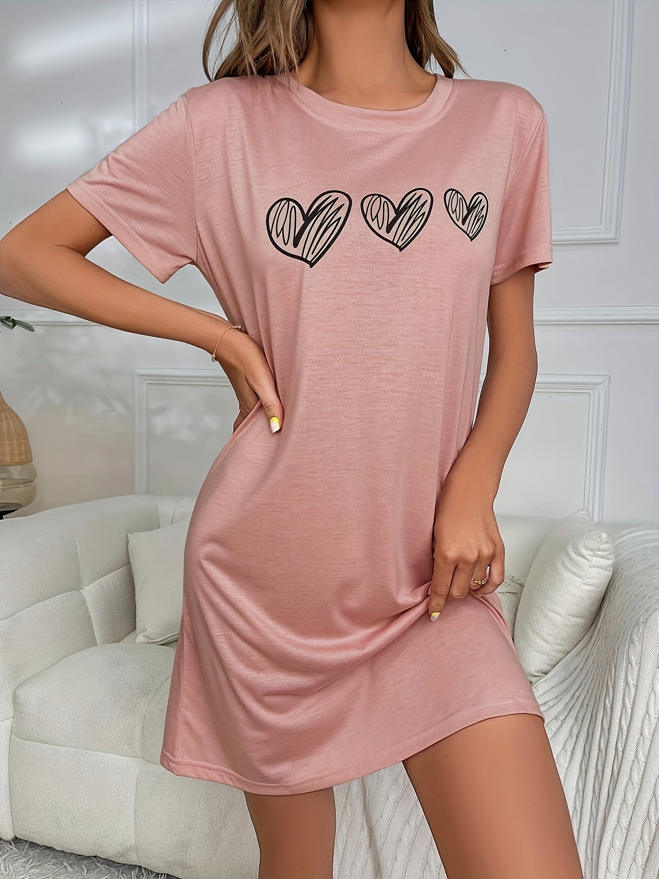 Heart Print Pajama Dress Crew Neck Short Sleeve Nightgown