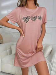 Heart Print Pajama Dress Crew Neck Short Sleeve Nightgown