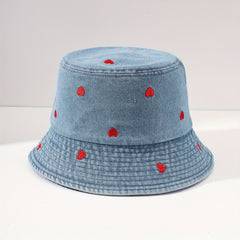 Heart Embroidered Bucket Hat Washed Distressed Denim Fisherman Cap