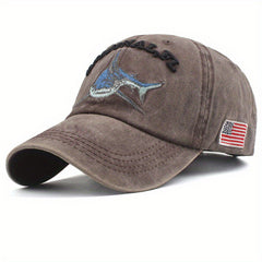 Distressed Shark Embroidery Baseball Cap Vintage Sun Hat