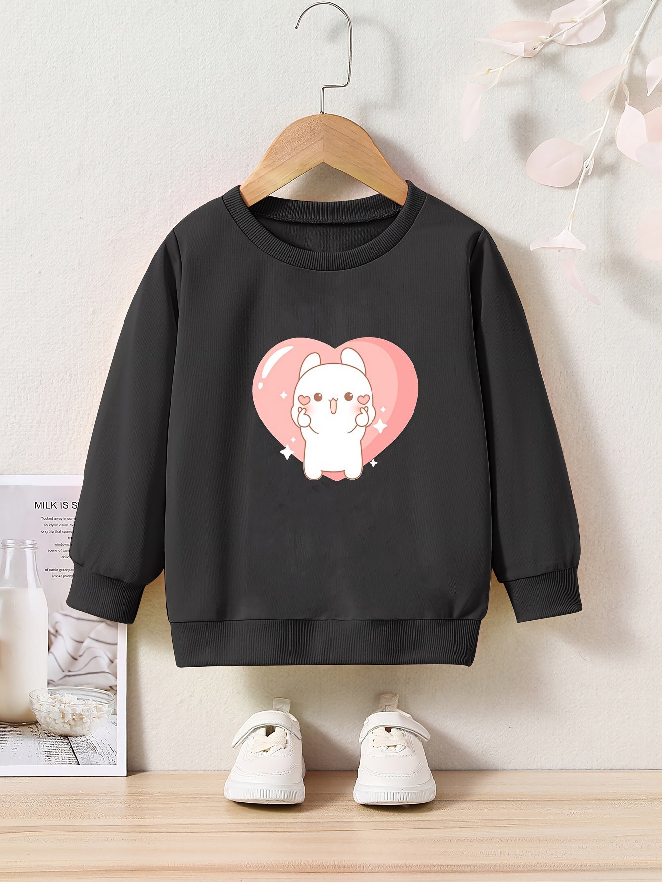 Rabbit Heart Print Girls Sweatshirt Crew Neck Tops Kids Clothing