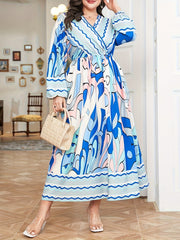 Colorblock Geometric Print Long Sleeve Maxi Dress