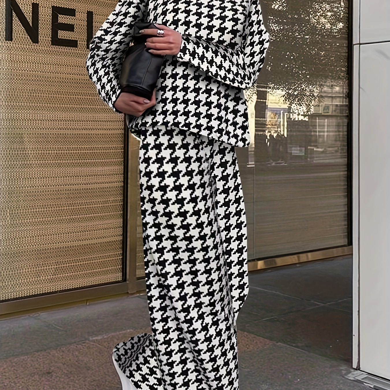 Plus Houndstooth Print Top & Pants Set Women's Plus Size