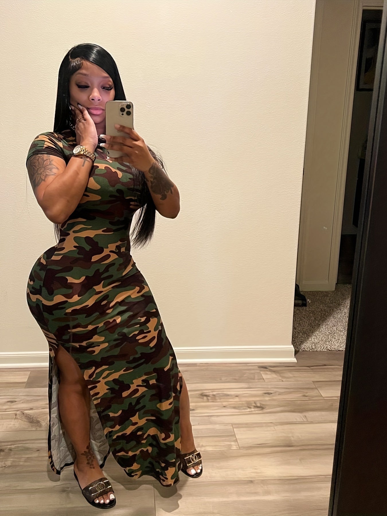 Camo Print Side Split Dress Short Sleeve Casual Dress Spring Summer