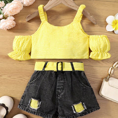 2pcs Girls Cold Shoulder Plaid Crop Tops & Denim Shorts Set