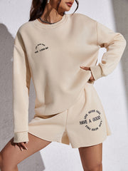 Letter Print Casual Long Sleeve Loose Sweatshirt & Elastic Waist Shorts
