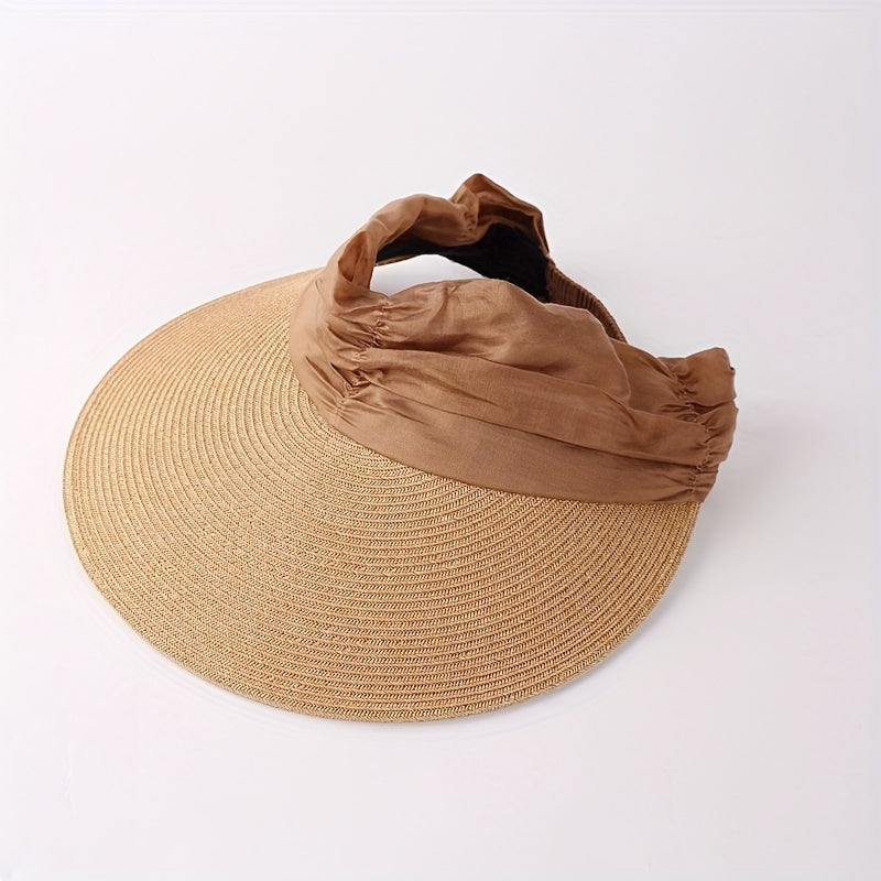 Ruched Headband Straw Visor Hat UV Protection Travel Beach Hat