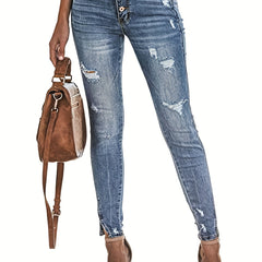 Ripped Holes Skinny Jeans Slim Fit Single Breasted Button Split Denim Pants