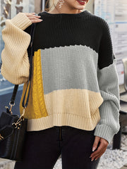Colorblock Cable Crew Neck Sweater