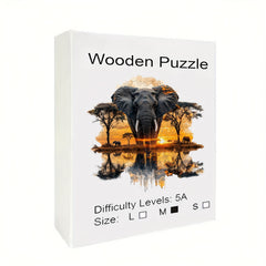 Elephant Forest Wooden Jigsaw Puzzle Vibrant Sunset Unique Animal Shapes
