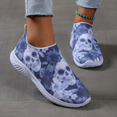 Women's Calavera Print Slip On Round Toe Sneakers