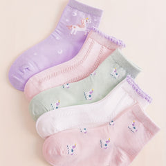 5 Pairs Girls Soft Lace Mesh Lamb Socks Breathable Cotton Crew Children's Socks